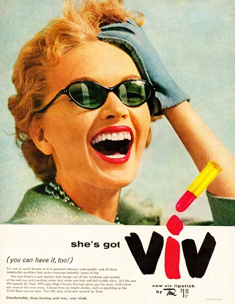 Vivacious strawberry blonde with cat's eye sunglasses and italian cut hair shows off Viv lipstick from Toni in a 1955 ad