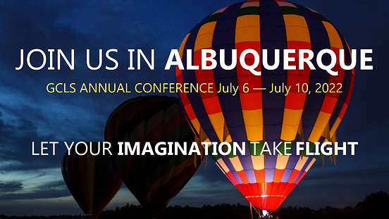 Albuquerque Take Flight Golden Crown Annual Conference logo with hot air balloon aloft in dark morning sky GCLS 2022