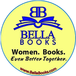 Bella Books yellow button with open blue book