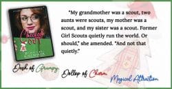 Cover of Checked Out on Holiday background with quote “My grandmother was a scout, two aunts were scouts, my mother was a scout, and my sister was a scout. Former Girl Scouts quietly run the world. Or should,” she amended. “And not that quietly.”