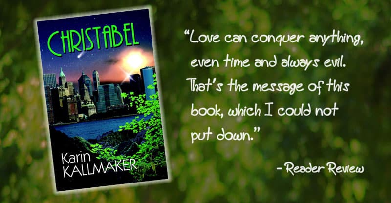 cover Christabel by Karin Kallmaker "Love can conquer anything, even time and always evil. That’s the message of this book, which I could not put down." Reader Review. A brilliant green trail of leaves frames the nighttime skyline of New York City.