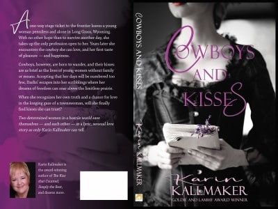 print edition cover of Cowboys and Kisses by Karin Kallmaker. Woman in black dress holds a folded sheaf of old papers with sprigs of lavender