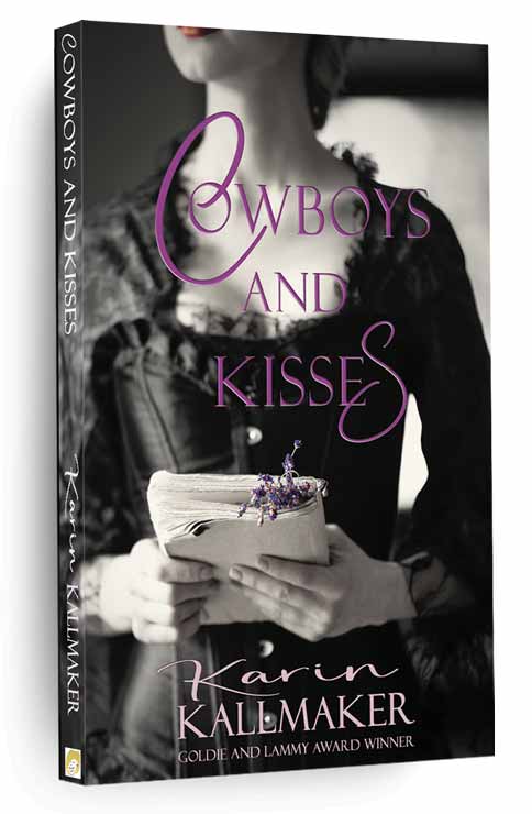 Cover Cowboys and Kisses lesbian romance by Karin Kallmaker. Woman in black dress holds a book of old folded pages and lavender.