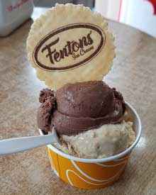 two delicate scoops of chocolate and toffee ice cream from Fenton's in London