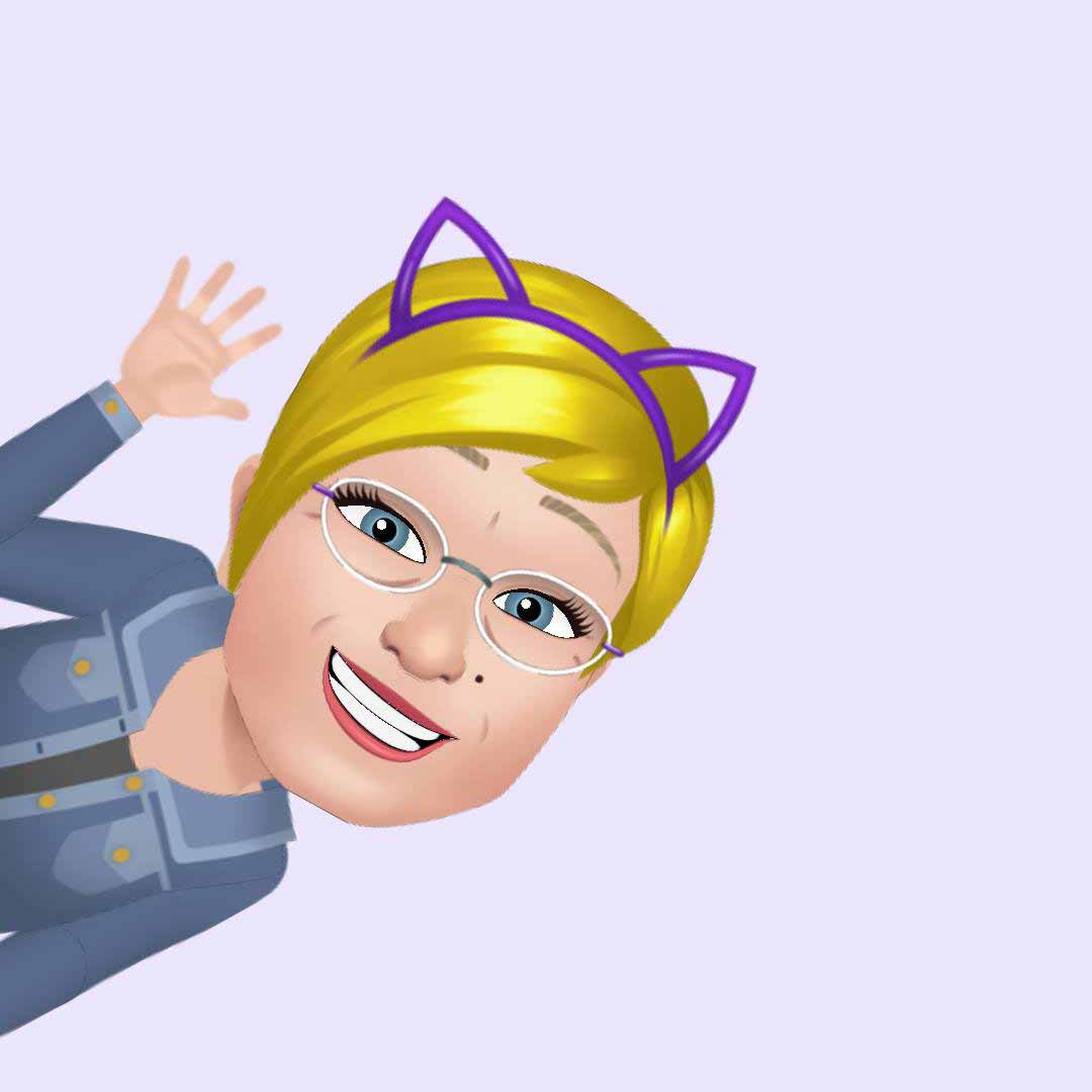 avatar cartoon image that sort of looks like Karin waving hi. She has a purple cat ear bandeau over her short yellow hair.