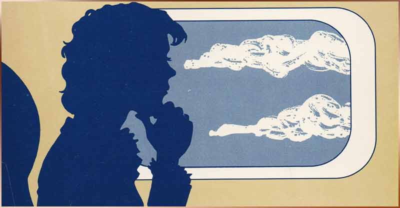 From the hand drawn 1989 Naiad Press cover of In Every Port, a silhouetted women in blue gazes out an airplane window at clouds.