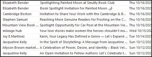 screenshot showing a dozen scam emails