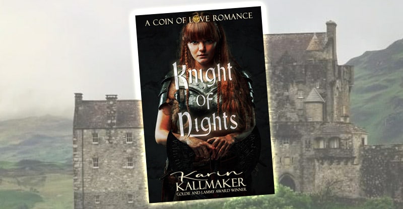 cover, Knight of Nights by Karin Kallmaker. A Coin of Love Romance. Background image: medieval scottish castle