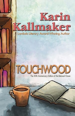 book cover Touchwood 30th Anniversary Edition hand drawing of a book, coffee mug and bookshelves