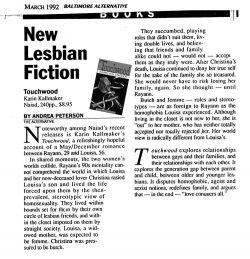 1992 Baltimore Alternative review of Touchwood by Karin Kallmaker review by Andrea Peterson