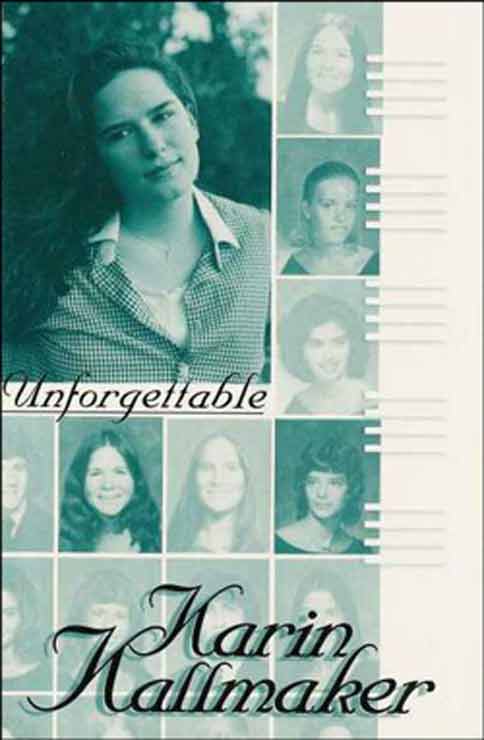 Cover, Unforgettable by Karin Kallmaker, Naiad Press. Yearbook array of senior high school photos