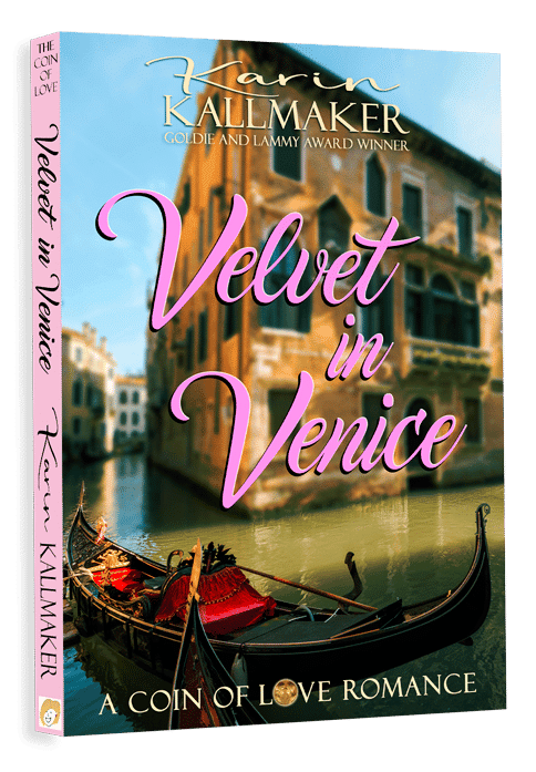 A weathered gondola with a bright red velvet seat is in the foregound of a canal. Stone, brick, and marble buildings are in the background. Text reads A Coin of Love Romance, Velvet in Venice, Karin Kallmaker, Goldie and Lammy Winning Author