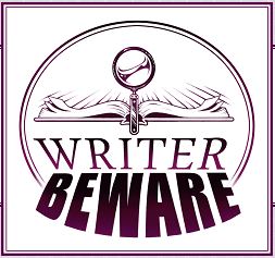 book, maginifying glass, Writer Beware logo