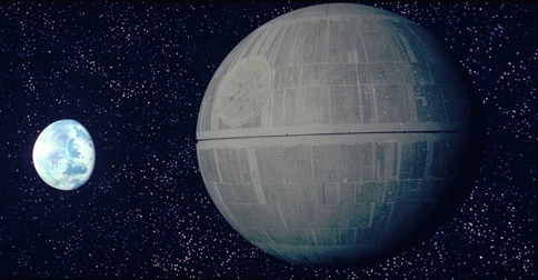 The overwhelming Death Star approaches tiny Alderaan