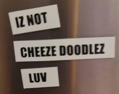 refrigerator magnets with black type on white background read IZ NOT CHEEZE DOODLEZ LUV