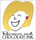 logo Karin Kallmaker's happy blonde over Romance and Chocolate Ink