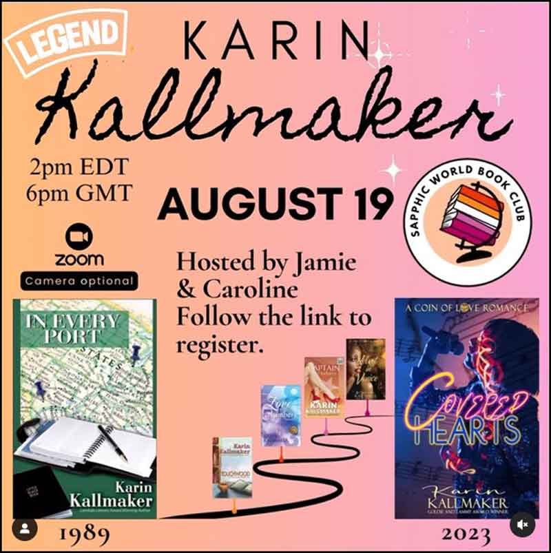Sapphic World Book Club August 19, 2023, 2pm eastern, 11am pacific with Karin Kallmaker
